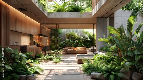 A modern and elegant courtyard garden with lush greenery, featuring an open space surrounded by plants, a sofa area, and natural light coming through skylights above. © horizon