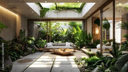 A modern and elegant courtyard garden with lush greenery, featuring an open space surrounded by plants, a sofa area, and natural light coming through skylights above. photo
