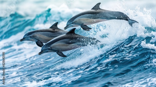 A playful pod of dolphins leaping and frolicking in the ocean waves 
