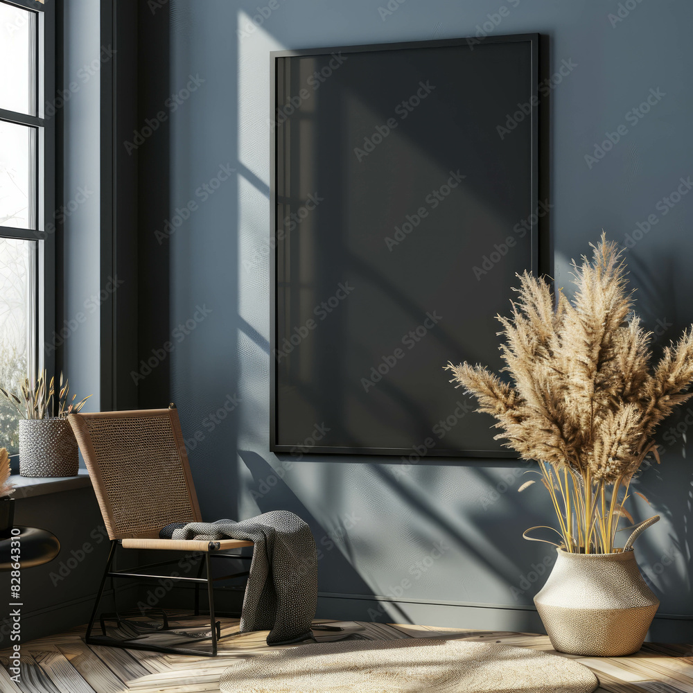Simulated music room with a black middle frame on the front, showcasing modern interior design. This aesthetic composition offers decorating ideas for stylish home decor, crafted with AI generative.