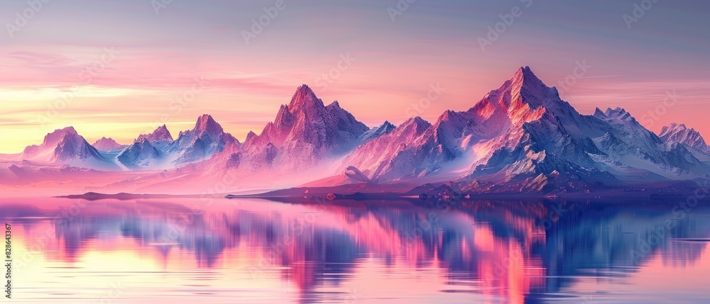 Pink and purple mountain landscape with a lake reflecting the sky and mountains.