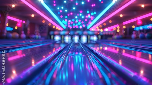 A neonlit bowling alley with vibrant blue and pink lights, creating an energetic atmosphere for the event. photo