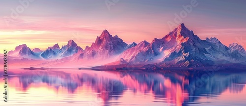 Pink and purple mountain landscape with a lake reflecting the sky and mountains. © Nic