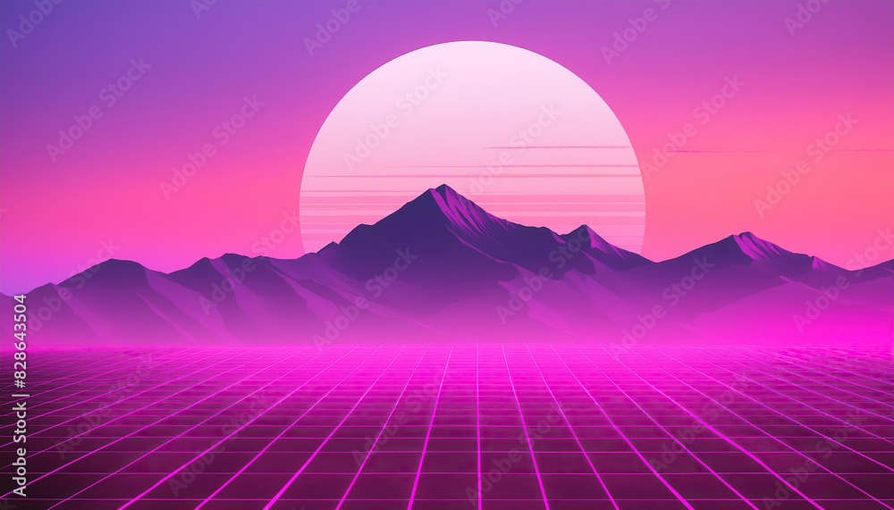 Synthwave retro cyberpunk style landscape background banner or wallpaper. Bright neon pink and purple colors
