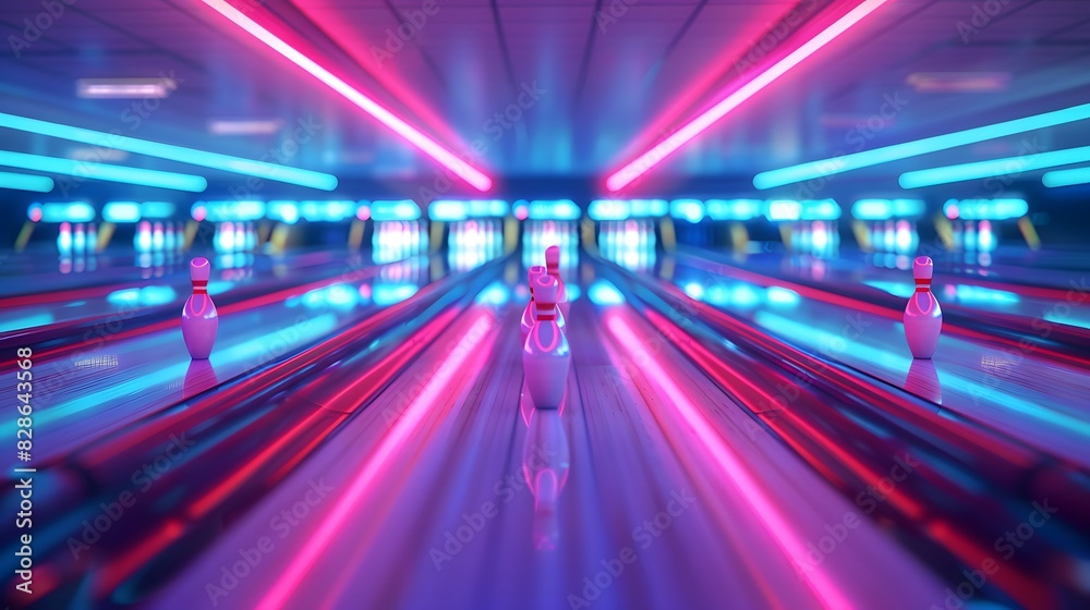 A neonlit bowling alley with vibrant blue and pink lights, creating an energetic atmosphere for the event. A neonlit bowling alley with vibrant blue and pink lights, creating an energetic atmosphere for the event.