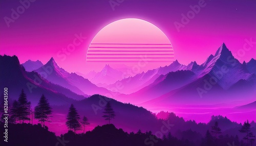 Synthwave retro cyberpunk style landscape background banner or wallpaper. Bright neon pink and purple colors