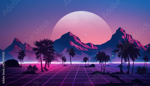 Synthwave retro cyberpunk style landscape background banner or wallpaper. Bright neon pink and purple colors