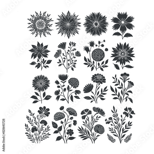 Flat design flower silhouettes and leaves floral element design vector template illustration
