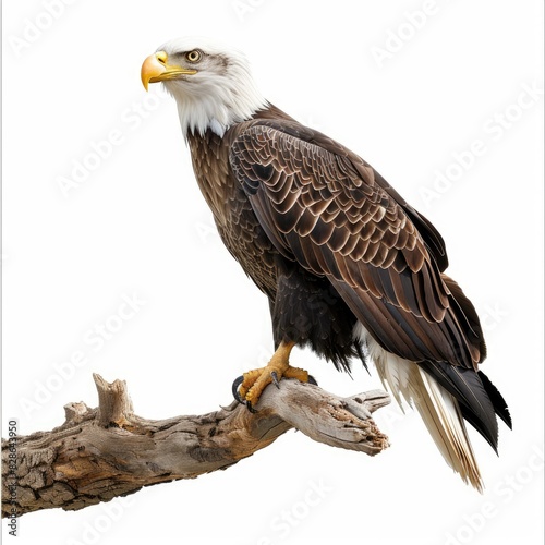 A regal bald eagle perched high in the branches of a tree  its piercing eyes scanning the landscape below isolated on white background  