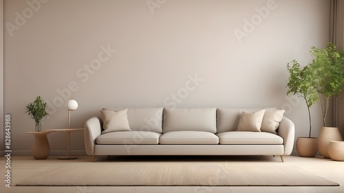 The interior of a simple living room has an empty space and a sofa.
