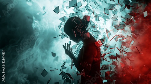 A woman is shown in a shattered state, surrounded by broken glass. Concept of destruction and chaos, with the woman's body appearing fragmented and disjointed photo