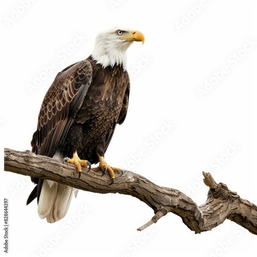 A regal bald eagle perched on a tree branch overlooking a pristine lake isolated on white background  