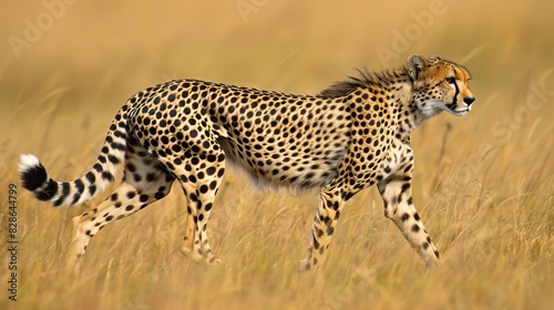 A regal cheetah prowling through the grasslands  its sleek coat shimmering in the sunlight  