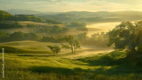 A panoramic view of the sunrise over rolling hills and fields  with mist rising from the ground in shades of gold and green. The sun is casting long shadows on the landscape  creating an ethereal atmo