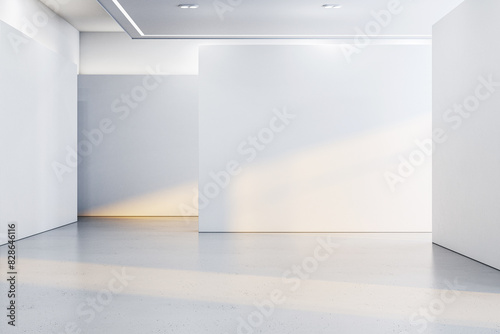 Fototapeta Naklejka Na Ścianę i Meble -  An empty modern gallery room, white walls and floor, sunlight casting shadows, for art exhibition concept. 3D Rendering