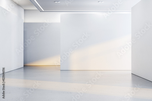 An empty modern gallery room  white walls and floor  sunlight casting shadows  for art exhibition concept. 3D Rendering