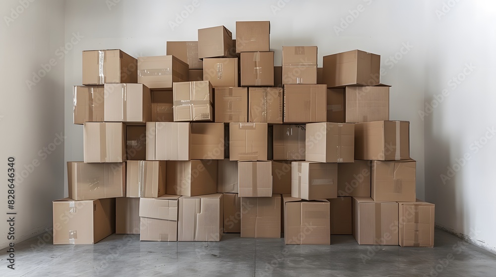 A pile of cardboard boxes stacked on top of each other in an empty room. The background is plain and neutral, creating a stark contrast with the brownish color of the boxes. A pile of cardboard boxes stacked on top of each other in an empty room. The background is plain and neutral, creating a stark contrast with the brownish color of the boxes.