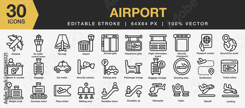 Set of 30 Airport icon set. Editable Stroke Icon Collection. Includes airplane, car, escalator, cabin, passport, landing, and More. Outline icons vector collection.