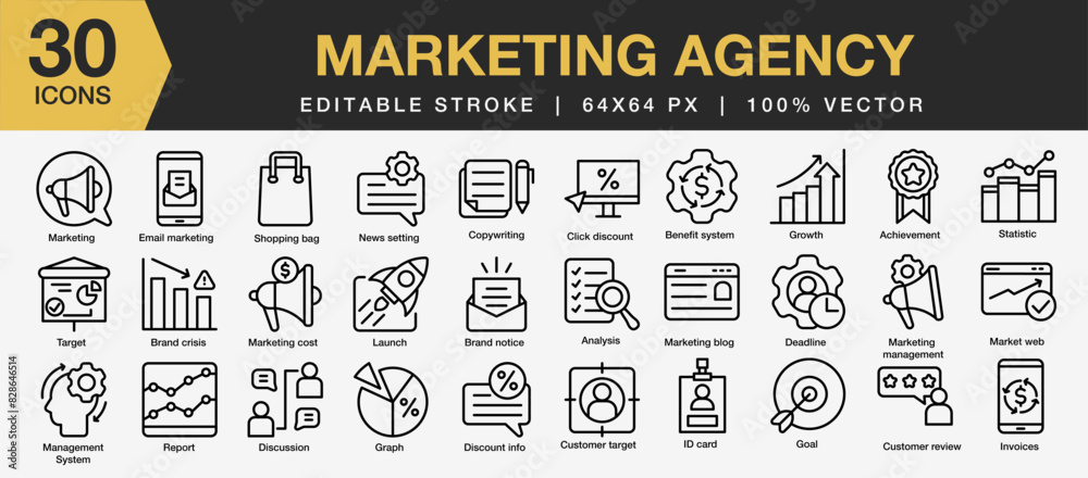 © spacepixel - Set of 30 Marketing agency icon set. Editable Stroke Icon Collection. Includes analysis, statistic, marketing, graph, target, product, and More. Outline icons vector collection. © spacepixel - Set of 30 Marketing agency icon set. Editable Stroke Icon Collection. Includes analysis, statistic, marketing, graph, target, product, and More. Outline icons vector collection.