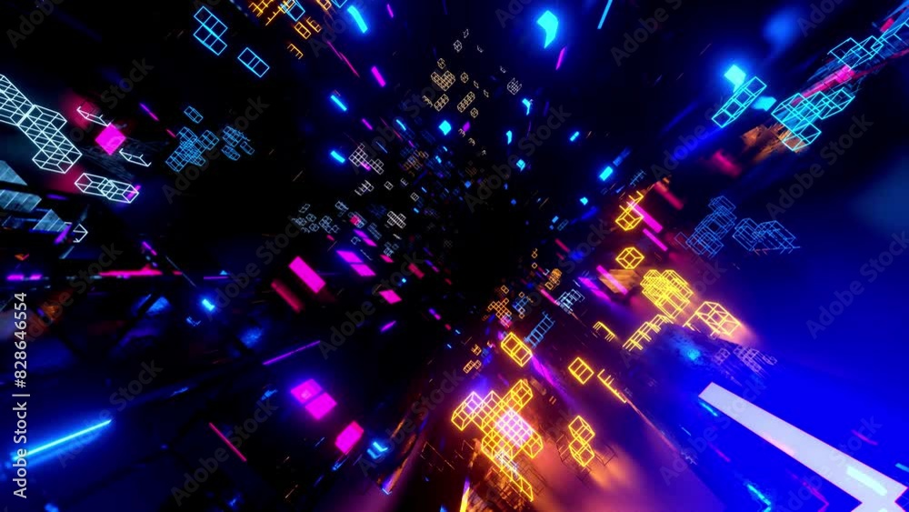 flight through hi-tech technology tunnel with camera shake. Neon light, sci-fi constructions, 3d objects and hologram. Fly through technology cyberspace. 3d almost looped 4k bg. Futuristic city