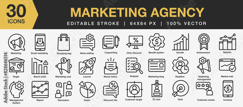 Set of 30 Marketing agency icon set. Editable Stroke Icon Collection. Includes analysis, statistic, marketing, graph, target, product, and More. Outline icons vector collection.