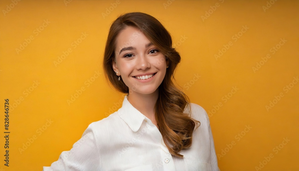 cheerful young woman wearing white shirt standing isolated over yellow background cheerful young woman wearing white shirt standing isolated over yellow background