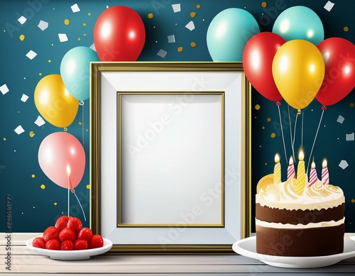 , birthday photo frame template with balloons and cake. Beautiful template design for birtday card, birthday invitation, greeting card.