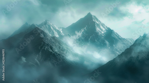 Foggy mountain range with distinct peaks and clouds creating a cold and dramatic yet serene atmosphere photo