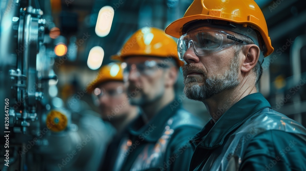 Three men wearing safety gear and hard hats are standing in front of a machine Three men wearing safety gear and hard hats are standing in front of a machine