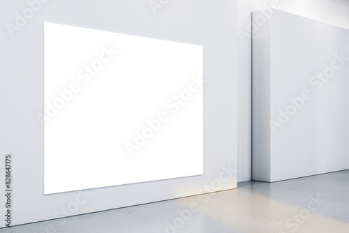 An empty white gallery space with a large blank billboard  modern interior design  light background  concept of exhibition. 3D Rendering
