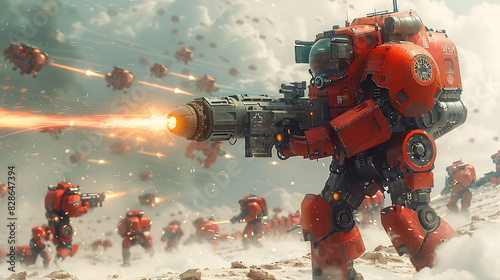 illustration of a cybernetic warrior battling a horde of robotic adversaries in a postapocalyptic wasteland with plasma weapons cybernetic enhancements and epic combat sequences photo