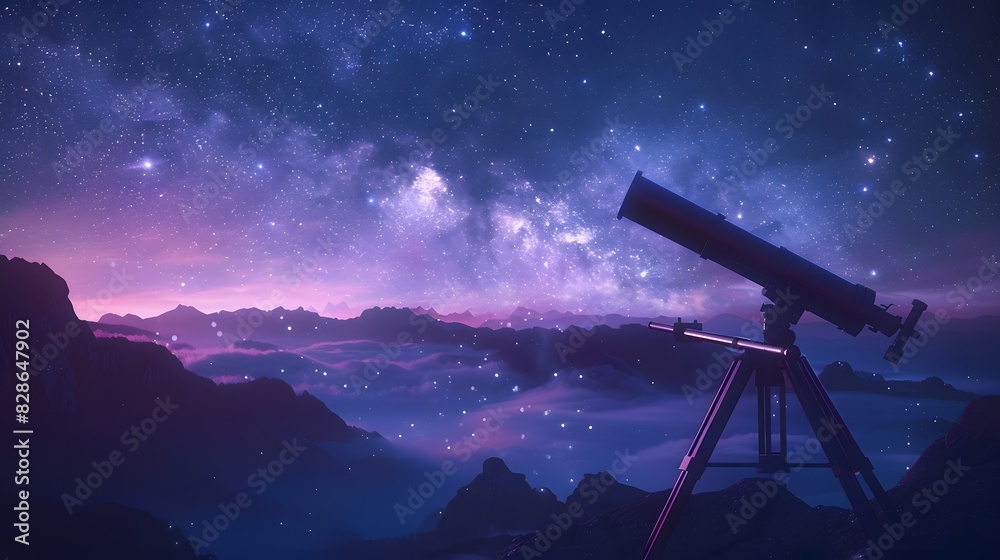 A telescope pointing towards the night sky, with stars and galaxies in view. The background is dark blue with purple hues, creating an atmosphere of mystery and wonder. A telescope pointing towards the night sky, with stars and galaxies in view. The background is dark blue with purple hues, creating an atmosphere of mystery and wonder.