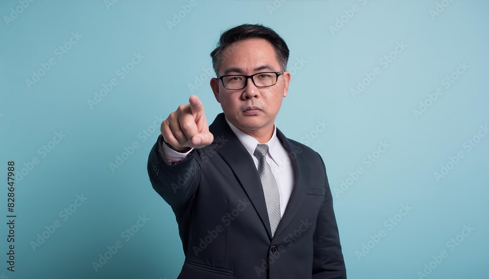 businessman pointing finger isolated on light blue background businessman pointing finger isolated on light blue background
