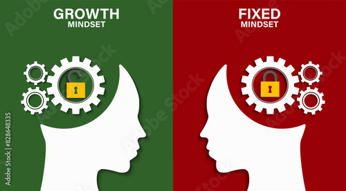 Mindset concept with head silhouette. Heads of two persons one with growth mindset vs fixed mindset. Vector illustration design for template design, business, infographic, web, brochure and banner.