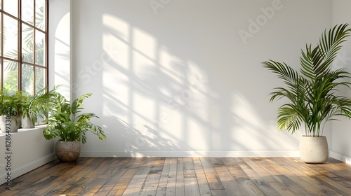 A white wall with a wooden floor  a window on the left side of the room and some plants on the right side. The room is empty and has no furniture inside.