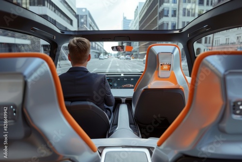 Two passengers enjoying a ride in a modern autonomous vehicle with a spacious interior, showcasing advanced self driving technology and urban mobility photo