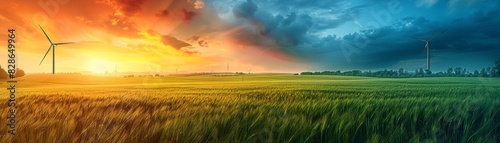The image shows a beautiful landscape with a windmill in the foreground. The sky is a gradient of orange and blue and the field is a gradient of green and yellow. © Rossarin