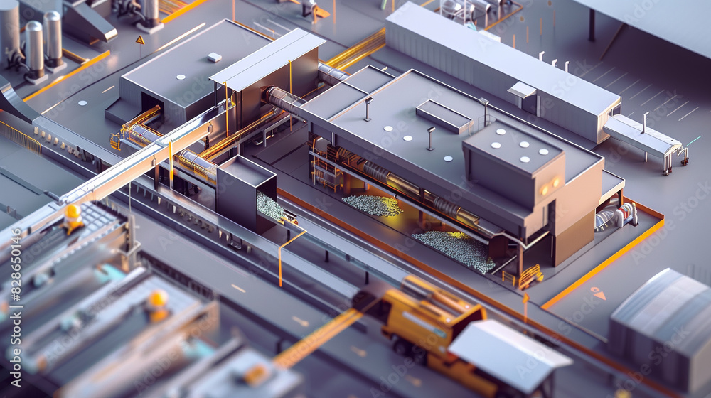 A large industrial building with a conveyor belt full of trash. Scene is bleak and somber, as it shows the amount of waste that is being produced and the impact it has on the environment A large industrial building with a conveyor belt full of trash. Scene is bleak and somber, as it shows the amount of waste that is being produced and the impact it has on the environment
