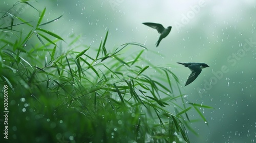 Birds Swallows Flying Over Lush Green Field