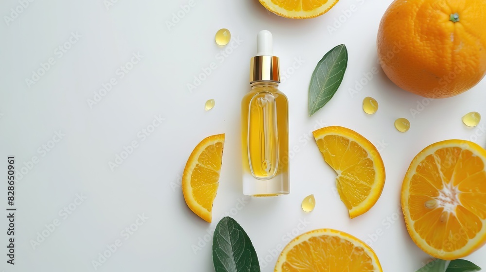 Vitamin C serum bottle with oranges on white background. Beauty treatment concept.