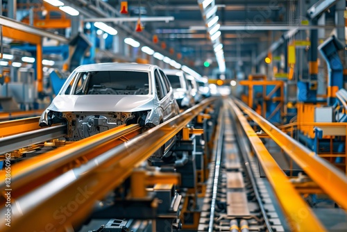 Modern car production factory, assembly line on white background, workers assembling passenger cars