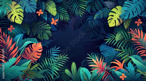 Dense tropical foliage, vibrant jungle, flat design, side view, lost world theme, cartoon drawing, vivid
