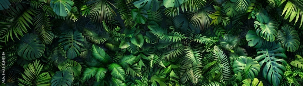Lush jungle with dense tropical foliage, flat design, top view, paradise theme, 3D render, Analogous Color Scheme Lush jungle with dense tropical foliage, flat design, top view, paradise theme, 3D render, Analogous Color Scheme