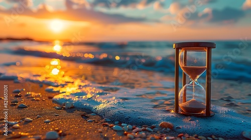 An hourglass on the beach with sunset in the background, symbolizing time passing and living each moment to its full potential.