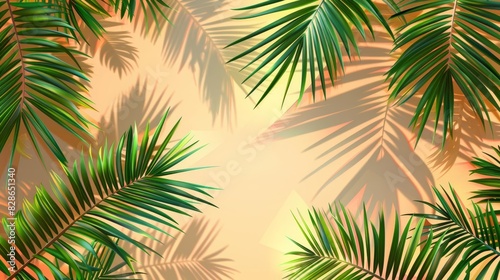 Palm leaves  shadowed and graceful  swaying  flat design  top view  sunset beach theme  cartoon drawing  vivid