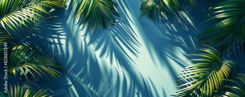Palm leaves swaying gracefully in shadow  flat design  top view  tropical night theme  3D render  Analogous Color Scheme