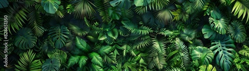 Lush jungle with dense tropical foliage  flat design  top view  paradise theme  3D render  Analogous Color Scheme