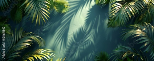 Palm leaves swaying gracefully in shadow, flat design, top view, tropical night theme, 3D render, Analogous Color Scheme