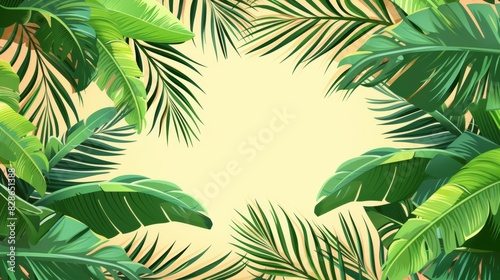 Palm leaves with large tropical fronds, flat design, top view, beach theme, cartoon drawing, vivid