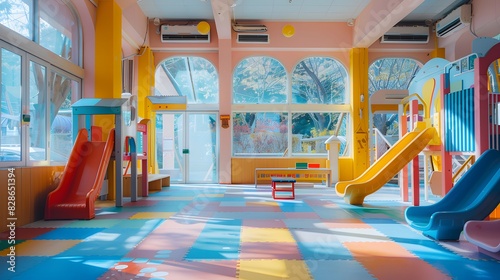 Wallpaper Mural At the kindergarten art exhibition, there is an indoor playground with slides and windows on one side. The floor has colorful paint patterns, creating a cheerful atmosphere for children to play. Torontodigital.ca